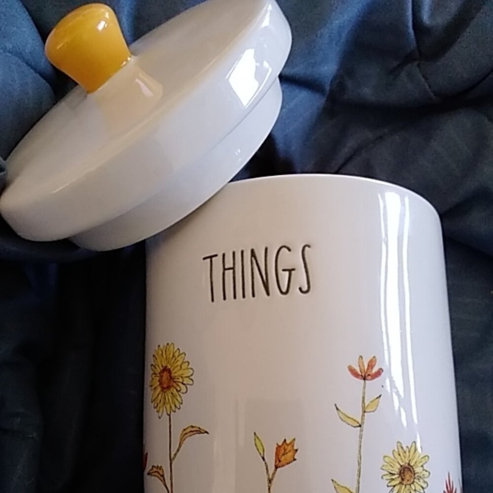 Bathroom Organizer: Cotton Ball Holder by Rae Dunn with orange interior
